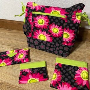 Pink Black & Green Handmade Tote / Shoulder Bag with 3 Matching Pouches